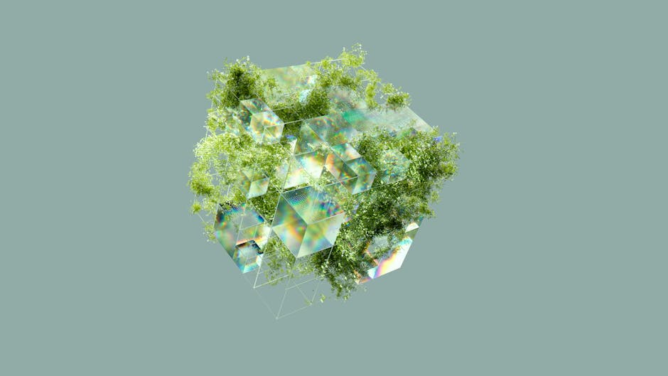 Digital abstract cube interwoven with lush greenery